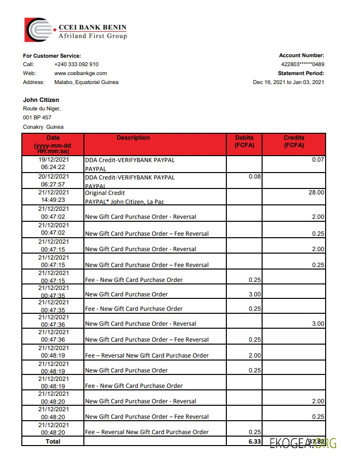 Relevé bancaire de la CCEI Bank Bénin de Guinée équatoriale, modèle facile à remplir au format de fichier .xls et .pdf